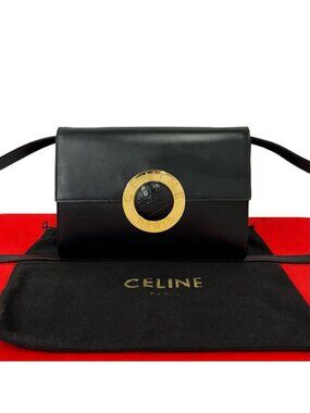 Celine Vintage Circle Logo Leather Shoulder Bag Pochette Sakosh Black